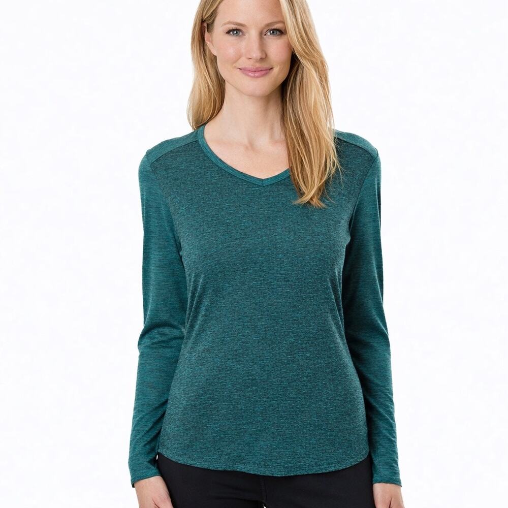 Segments Merino Wool V Neck Long Sleeve Base Layer Top Women L Teal Green Hiking